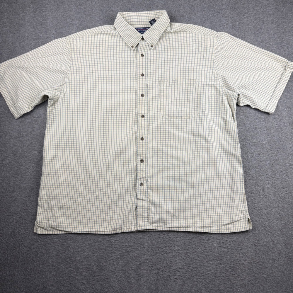 Roundtree & Yorke Tall Man 2XLT Shirt Blue Tan Check Poplin Short Sleeve Mens